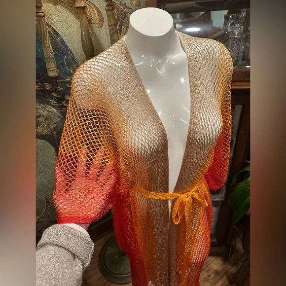 Boho Sunset Ombre Mesh Maxi Kimono Cover-Up Fringe Festival Beach Party O/S - Picture 3 of 11